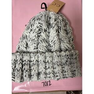 CC Beanie Chunky Knit Cable Fold Over Cuff Black White‎ Slouchy Winter Warm